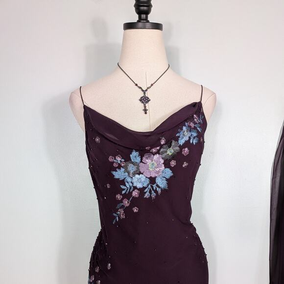 Vintage Papell Silk Midi Dress Cocktail Gown 6 Purple Y2K Fairy Floral Bead Slip - Picture 10 of 15